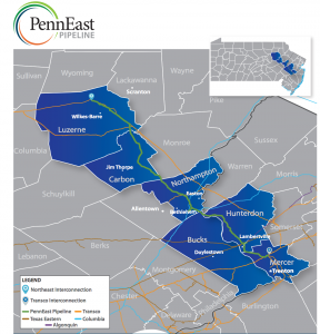 A map of the route of the PennEast Pipeline as of April 2015. 