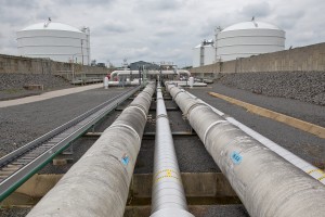Liquefied natural gas pipes circulate around the terminal into holding tanks.  