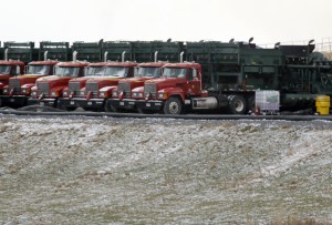 Trucks lined up at a fracking site in Zelienople, Pa