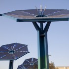 Sunflower shaped solar panels collect the sun’s rays at the mixed-use Mueller Development in Austin. Photo by Lizzie Chen for KUT News.