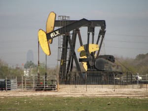 Pump jack in Pierce Junction oilfield south of downtown Houston 