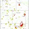 This map shows earthquake epicenters examined in the study (red circles), injection wells (squares and + symbols) in use since October 2006, seismic monitoring stations (white triangles), and mapped faults (green lines).