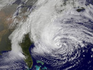 In this handout GOES satellite image provided by NASA, Hurricane Sandy, pictured at 1410 UTC, churns off the east coast on October 28, 2012 in the Atlantic Ocean. 