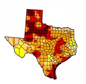 The most recent Texas drought map released by the US drought monitor on Tuesday. 