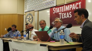 StateImpact Texas reporter Terrence Henry moderates a panel on the impacts of the drilling boom in West Texas in Odessa Tuesday, with (left to right) Kirk Edwards, Libby Campbell, W. Hoxie Smith, Gil Van De Venter, and Paul Weatherby. 