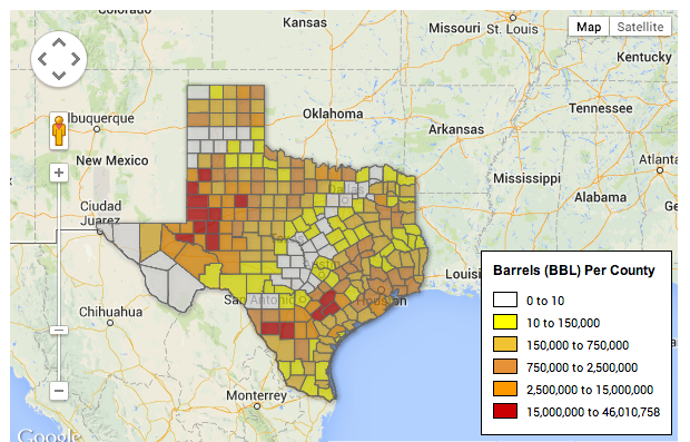 StateImpact Texas' oil production by county map.