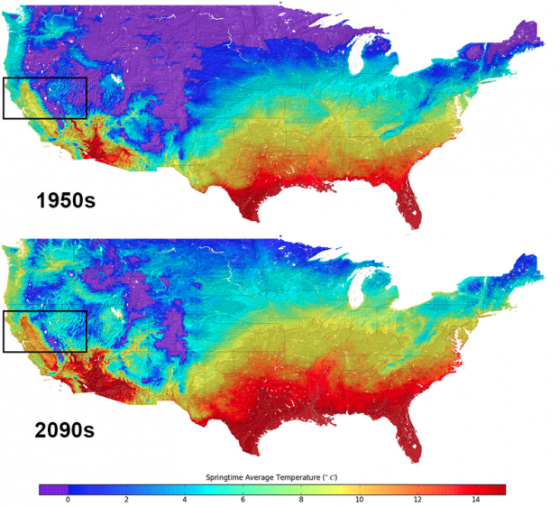 NASA data contrasts average Spring temperatures for the 1950s and 2090s.