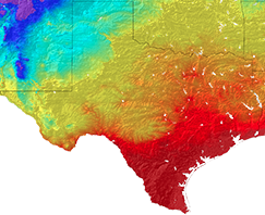 Closer view of Texas' average spring temperature in the 1950s.
