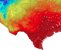 Closer view of Texas' projected Spring temperature in the 2090s.