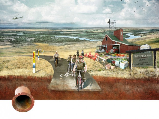 The idea from SWA group imagines boy scout troops biking happily along while diluted bitumen flows underneath them.