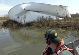 Hurricane Ike in 2008 buckled this petroleum storage tank south of Beaumont 