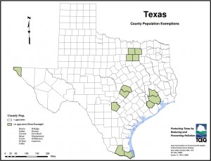 A map from the TCEQ shows all the counties (in white) where dams qualify for the exemptions. The counties in green are too populated to qualify.