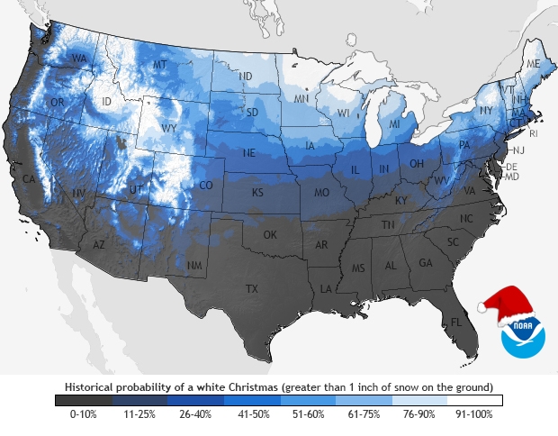 This map shows the historic probability of a "White Christmas" across the U.S. 