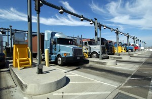 Trucks entering the Port of Los Angeles