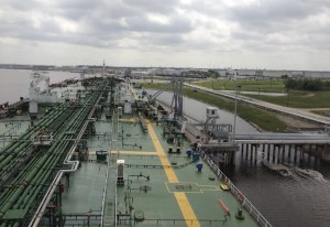 A tanker makes a call at the Sunoco Logistics terminal on the Sabine-Neches waterway in Nederland, Texas, April 26, 2013.