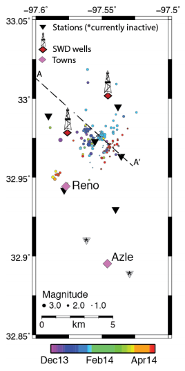 From the SMU progress report: "Preliminary earthquakes locations near  Reno-Azle using the current seismic  network. Events are scaled by magnitude  and color coded by time of event. Two Salt  Water Disposal Wells (SWD wells) that  occur within a few kms of the earthquake  sequence are shown."