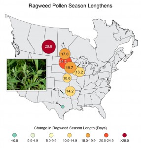 Map shows for how long ragweed pollen season has changed from 1995 to 2005.