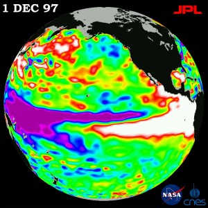 This satellite image shows ocean topography, a good indicator of ocean temperature, during the 1997098 El Niño. The weather phenomenon is characterized by warm water in the Eastern Pacific and cool water in the West.  