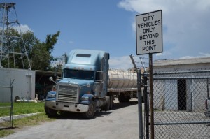 Tanker trucks lined up inside the City of Marfa’s water treatment plant after a group of residents blocked the trucks’ access to city fire hydrants. 