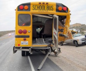 The Three Rivers ISD school bus was totaled in this accident in January 2014, after a fracking crew driver fell asleep and hit the bus. Three workers in a commercial van were killed; but the children were safe. 