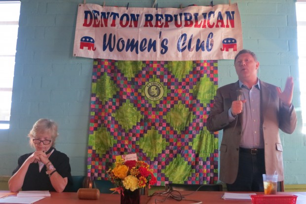 Cathy McMullen and Tom Giovanetti debate a proposal to ban fracking at a meeting of the County GOP Womens Club. 