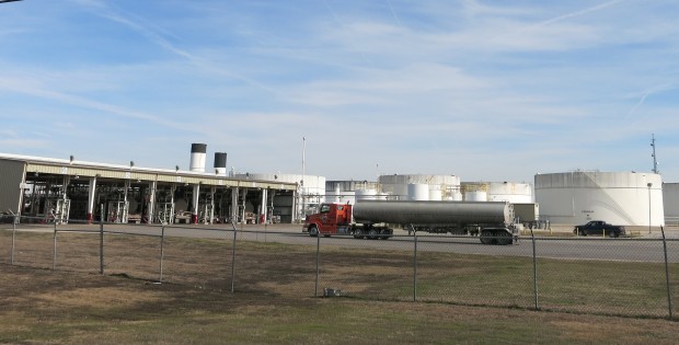 A fuel truck waits its turn to fill up at a "rack" in Austin. 