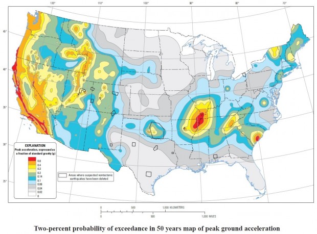 A current earthquake hazard map on the USGS website.