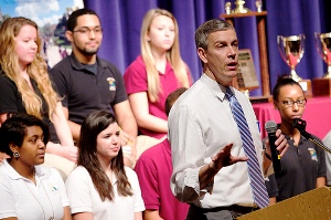U.S. Education Secretary Arne Duncan speaks at a town hall event at Pembroke Pines Charter High School in 2012.