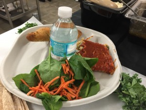 A "lean and green" meal from the Miami-Dade schools test kitchen. This one has spinach lasagna, salad and a mozerella-stuffed bread stick.