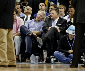 Chesapeake Energy CEO Aubrey McClendon and Oklahoma City Thunder owner Clay Bennet chat during an Oklahoma City Thunder game.