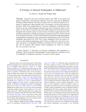 Click here to read "A Century of Induced Earthquakes in Oklahoma?" by U.S. Geological Survey seismologists Susan Hough and Morgan Page. The paper was published by the Bulletin of the Seismological Society of America.