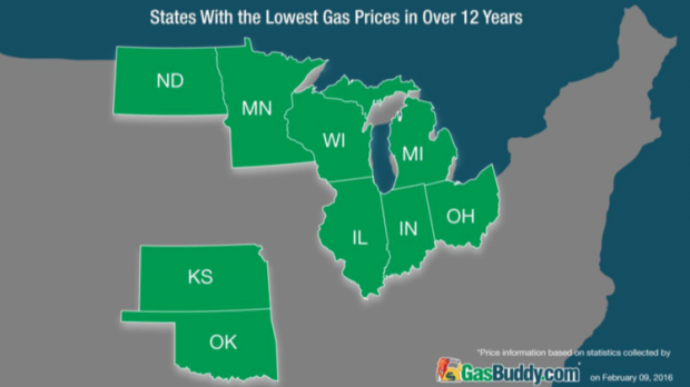 Analysts at GasBuddy, a service that helps customers find gasoline bargains, say fuel prices throughout the middle of the U.S. recently reached 12-year lows.