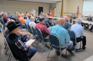 The Oklahoma Scenic Rivers Commission and audience members listen to a presentation on right-to-farm at the April 19 meeting in Tahlequah, Okla.