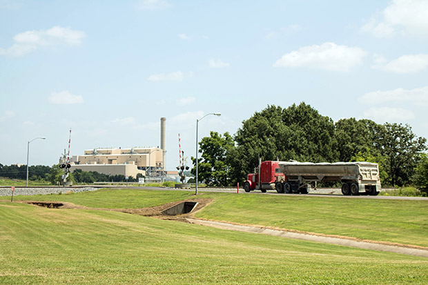 A tractor-trailer enters the main entrance of the AES Shady Point coal-fired generation plant near Panama, Oklahoma.