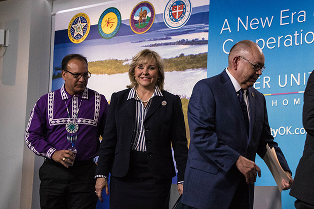 Choctaw Nation Chief Gary Batton, Oklahoma Gov. Mary Fallin and Chickasaw Nation Gov. Bill Anoatubby at a news conference announcing the water deal.