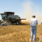 Farmers Wayne and Fred Schmedt watch a combine harvest wheat on their fields near Altus, Okla.