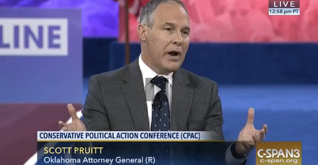Oklahoma Attorney General Scott Pruitt speaking about energy self-sufficiency at the Conservative Political Action Conference in March 2016.