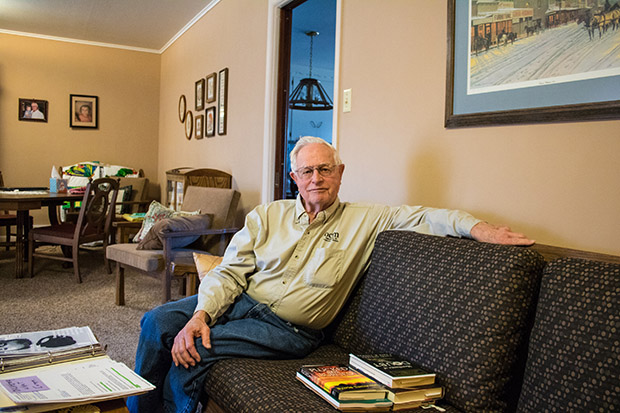 Paul Muegge, a rancher and former state lawmaker, at his home in Tonkawa, Okla.