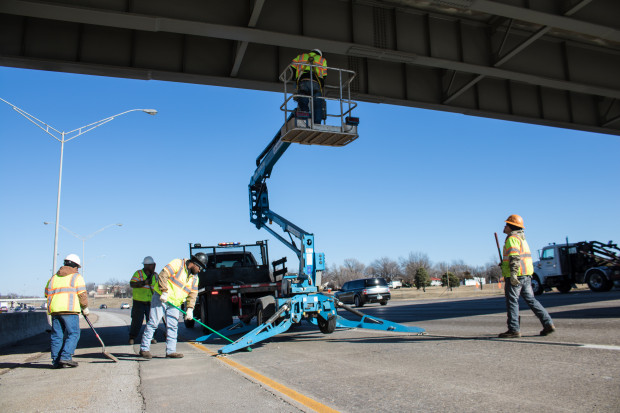 Crews with the Oklahoma Department of Transportation repairing an overpass in Oklahoma City.