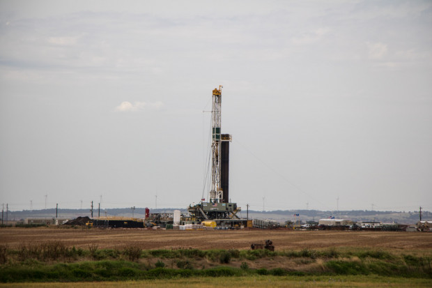 A drilling rig operating in a northwest Oklahoma oil field in 2017.