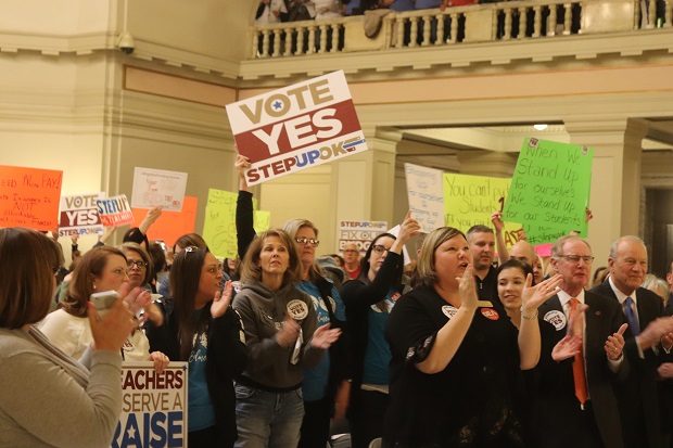 Oklahoma teachers rallied for a $5,000 pay raise at the Capitol on February 12, 2018. 