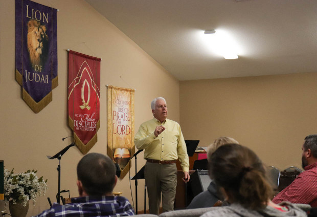 Jim McBride leads a church security training at First United Methodist Church in Newkirk. 