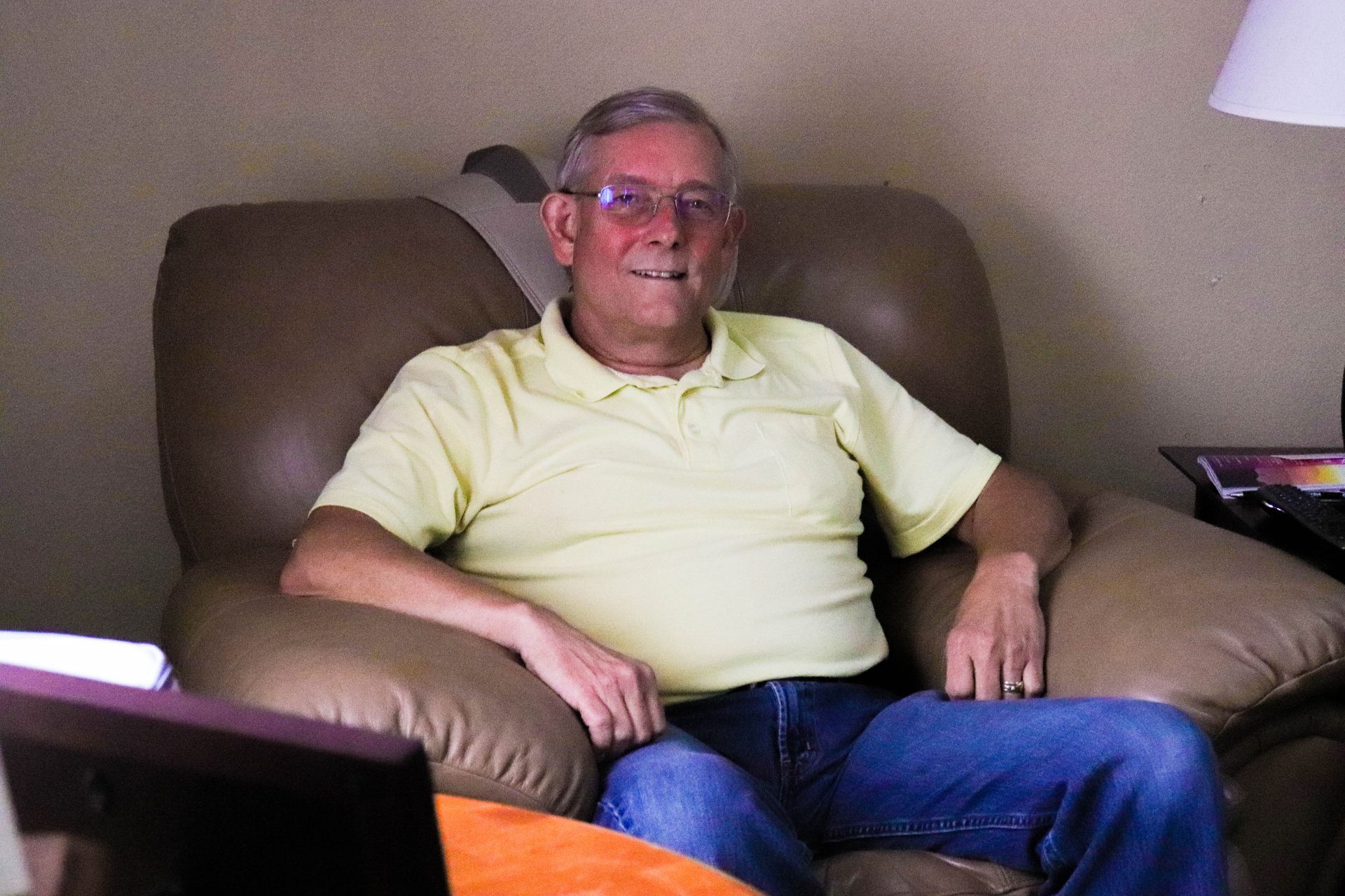 David Rowden sits in an armchair in his Chandler, OK home.