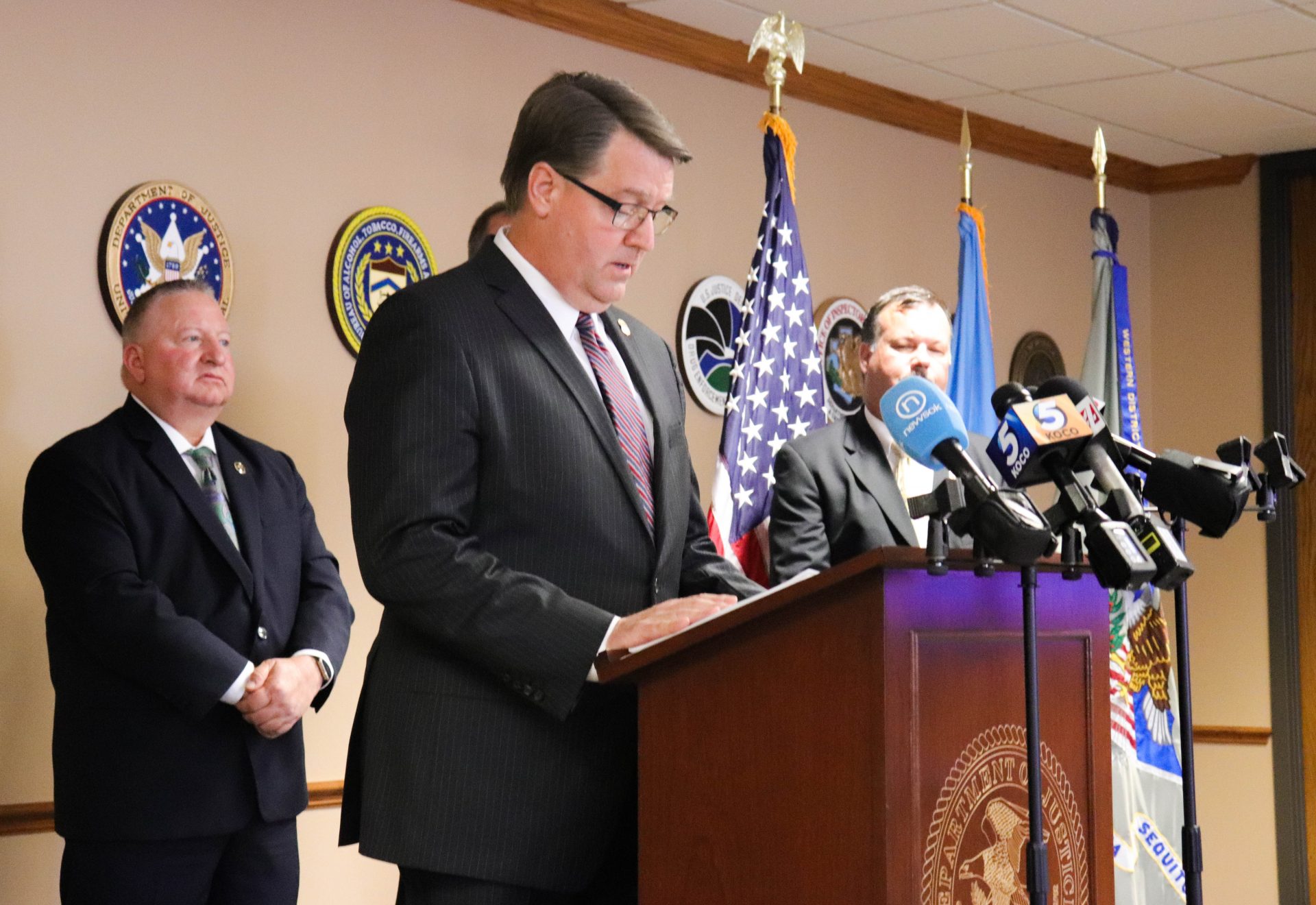 Acting U.S. Attorney Bob Troester announces indictments in a conference room at the U.S. Attorney's Office for the Western District of Oklahoma.