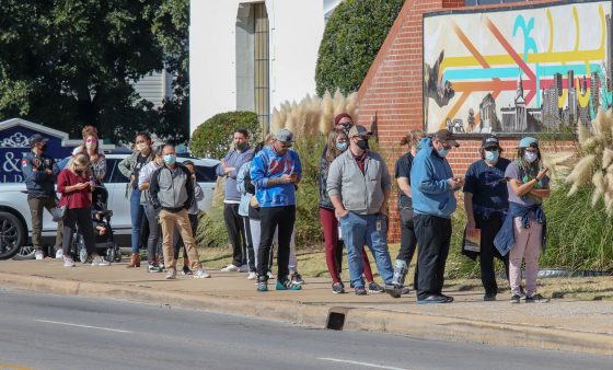 Voters stand in line outside Trinity Baptist Church in Oklahoma City.