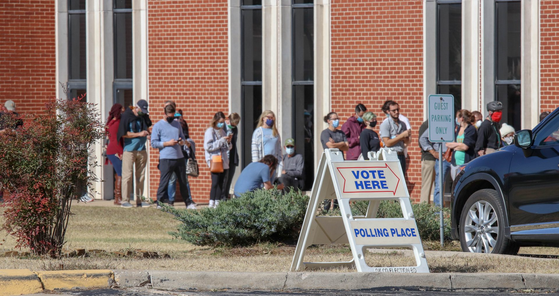 Voters stand in line outside Trinity Baptist Church in Oklahoma City.