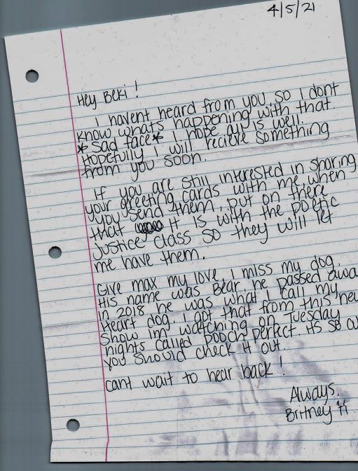 A letter from a woman incarcerated in a state prison.