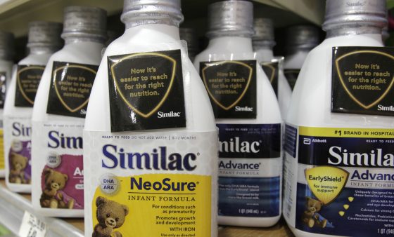 Bottles of liquid Similac infant formula sit on the shelves of the Heinen's grocery store in in Bainbridge Twp., Ohio, on Thursday, Sept. 23, 2010. (AP Photo/Amy Sancetta)