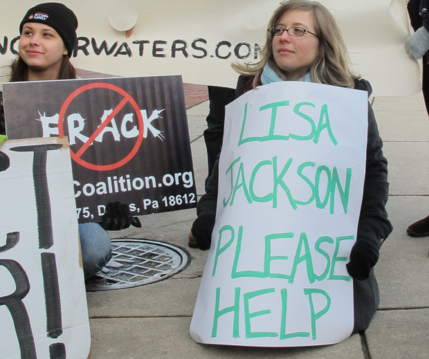 A protester urges EPA Administrator Lisa Jackson to intervene in Dimock's water woes last December.