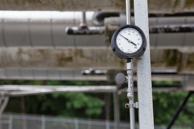 A pressure gauge at Dominion Energy's Cove Point LNG plant and terminal.